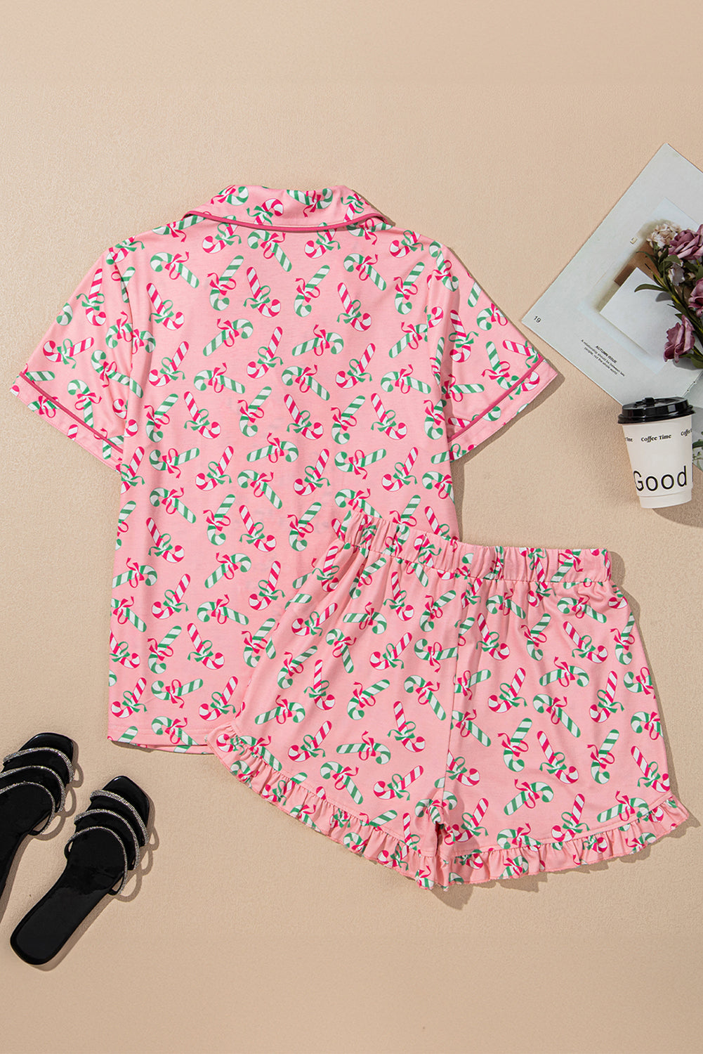 Women's Sleepwear/LoungewearPink Christmas Candy Cane Print Pocketed Knotted Pajama Set - VacationGrabs