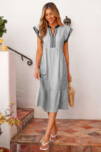Stripe Contrast V-Neck Flutter Sleeve Midi Dress
