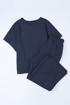 Navy Blue Textured Loose Fit T Shirt and Drawstring Pants Set - VacationGrabs