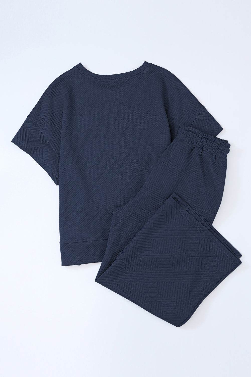 Navy Blue Textured Loose Fit T Shirt and Drawstring Pants Set - VacationGrabs