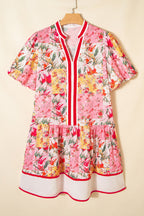 Floral Colorblock Trim V-Neck Ruffle Mini Dress