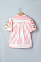 Floral Stripe Embroidered Puff Sleeve V-Neck Blouse