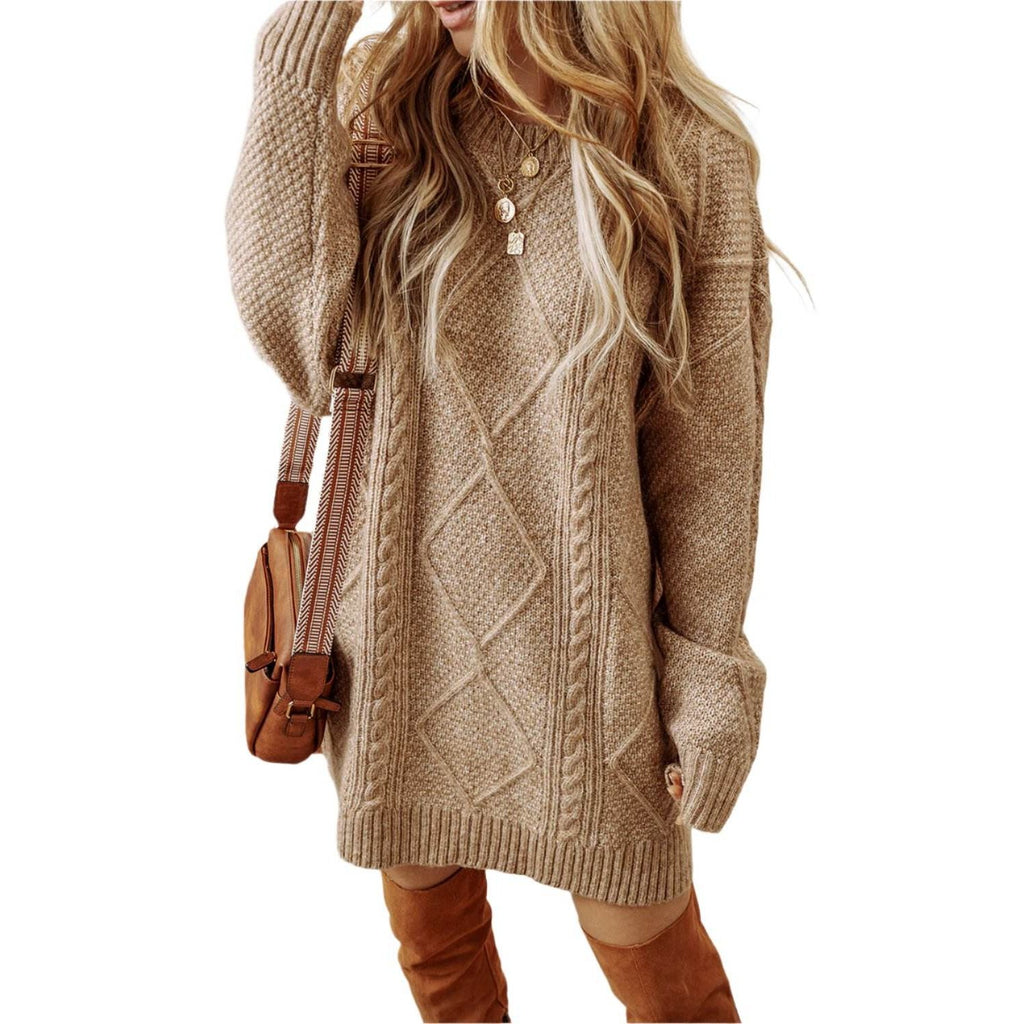 Parchment Cable Knit Drop Shoulder Loose Fit Sweater Dress - VacationGrabs