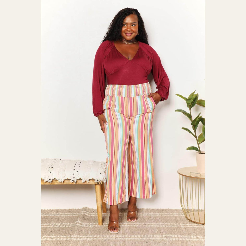 Double Take Striped Smocked Waist Pants with Pockets - VacationGrabs