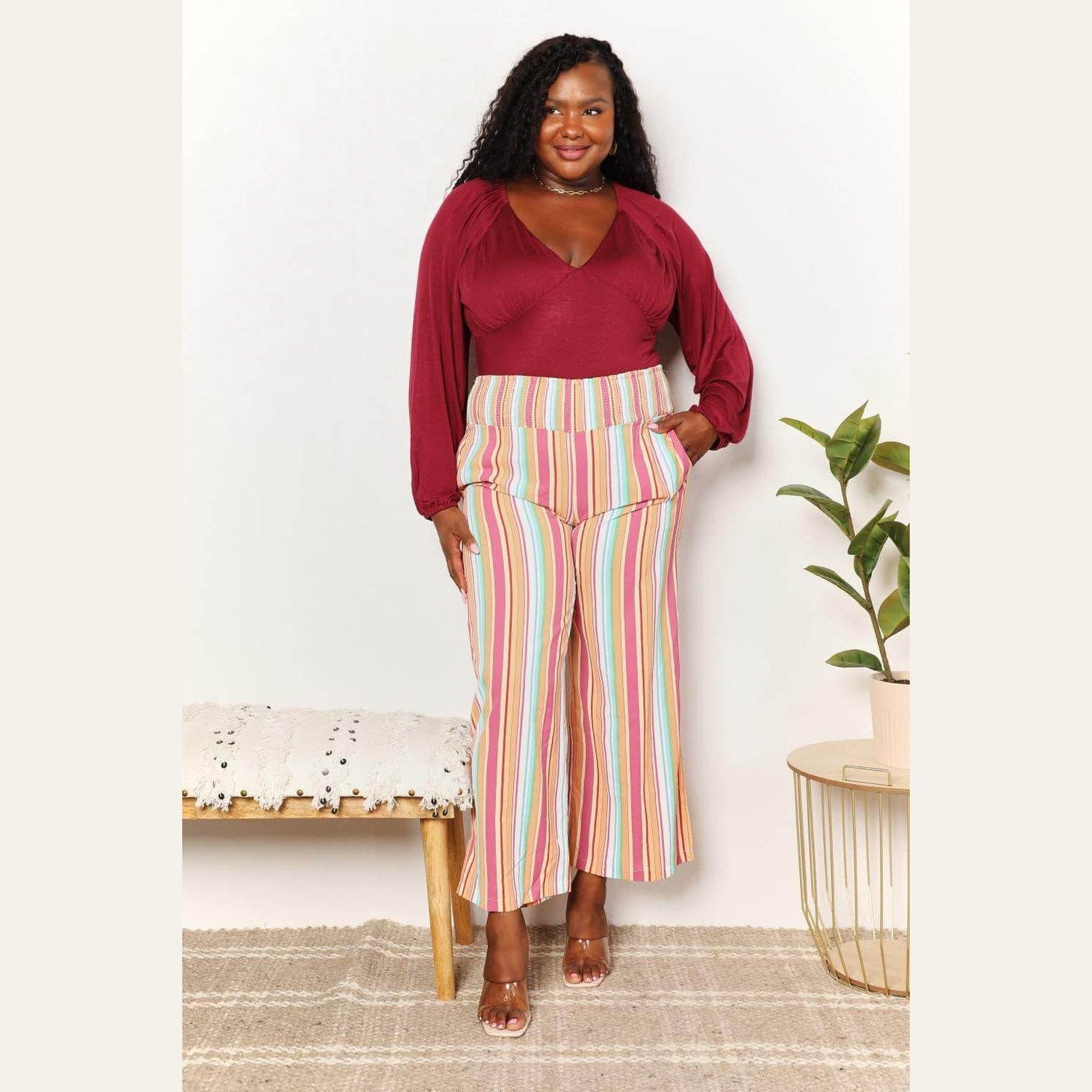 Double Take Striped Smocked Waist Pants with Pockets - VacationGrabs