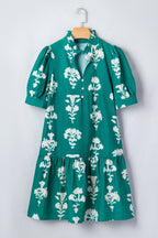 Floral Frilled V-Neck Puff Sleeve Mini Dress