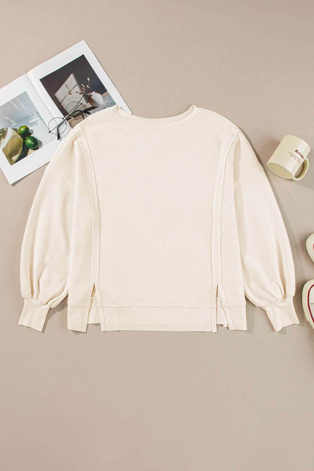 White Waffle knit Bishop Sleeve Split Oversized Top - VacationGrabs