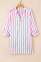 Stripe 3/4 Sleeve Buttoned V-Neck Mini Dress