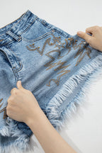 Western Embroidered Studded Denim Shorts