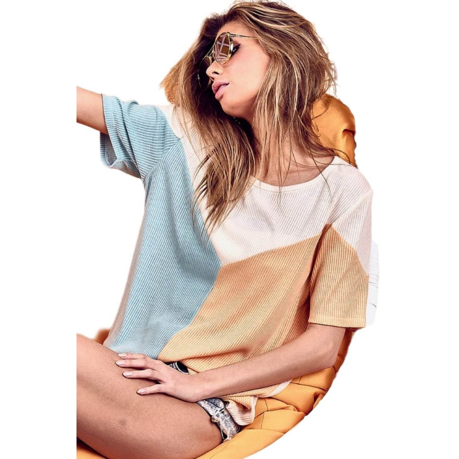 BiBi Round Neck Color Block Short Sleeve T-Shirt - VacationGrabs