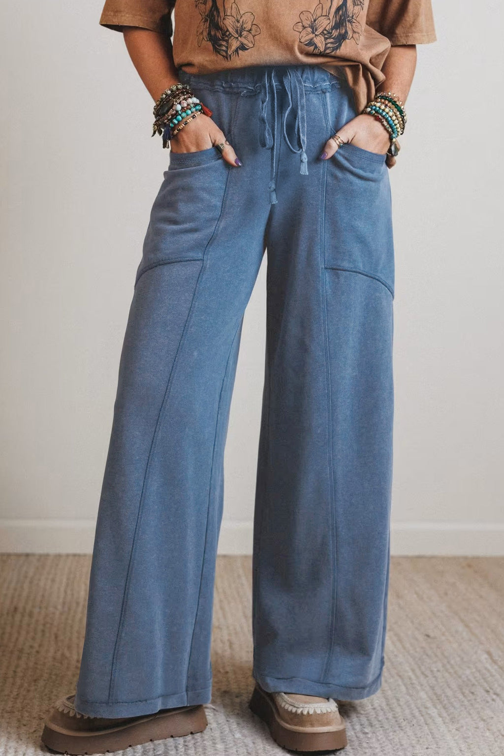 Solid Mineral Wash Drawstring Wide Leg Pants