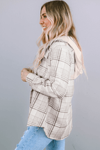 Khaki Plaid Removable Hood Buttoned Shacket - VacationGrabs