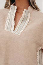 Crochet Lace Trim Rolled Short Sleeve Blouse