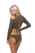 Olive Green Long Sleeve Two Piece Bikini - VacationGrabs