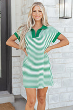 Stripe Quarter Zip Polo Collar T-Shirt Dress