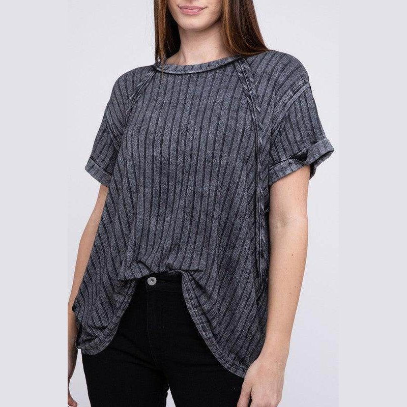 Ribbed Raglan Dolman Sleeve Boat-Neck Top - VacationGrabs