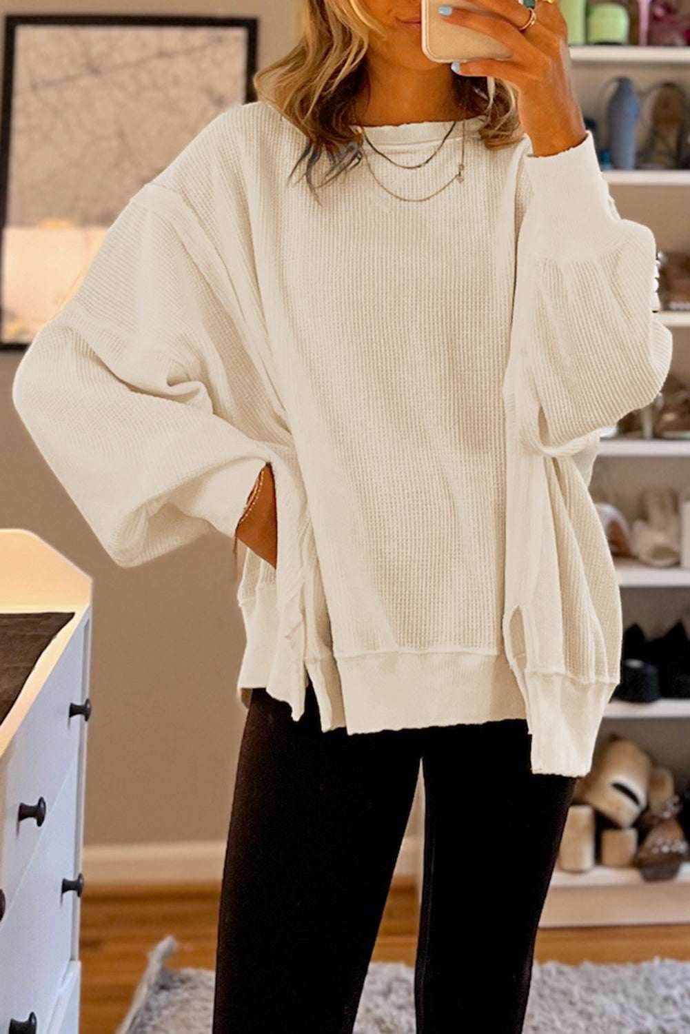 White Waffle knit Bishop Sleeve Split Oversized Top - VacationGrabs