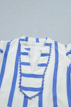 Stripe Split V-Neck Puff Sleeve Blouse