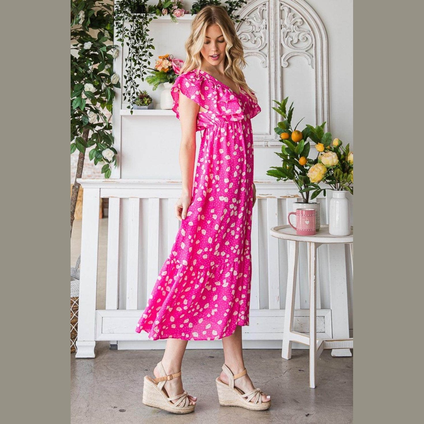 Reborn J Printed V-Neck Ruffle Trim Tiered Midi Dress - VacationGrabs