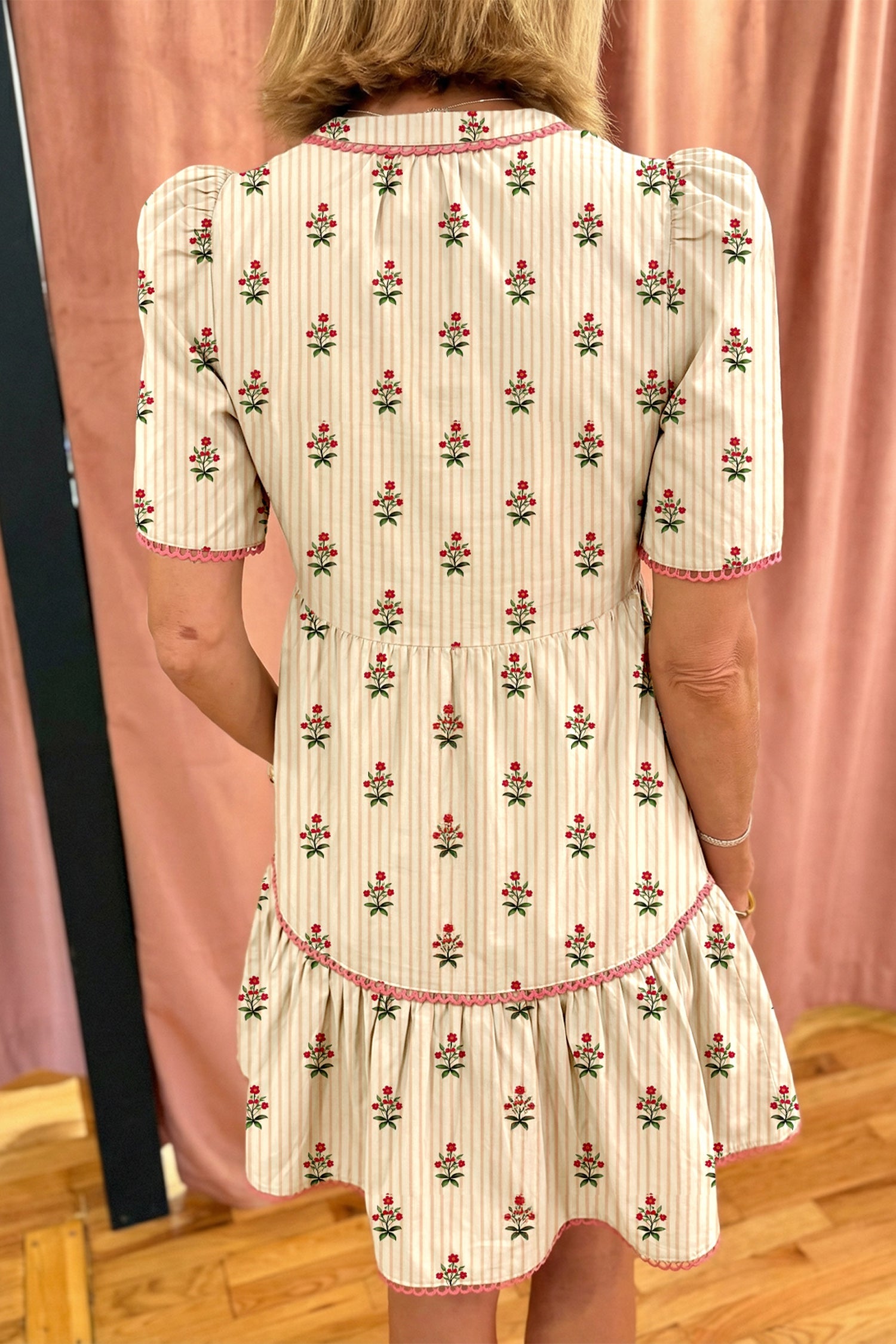 Floral Stripe Contrast Ruffle Hem Mini Dress