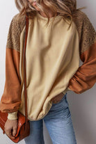Khaki Lace Patchwork Colorblock Sweatshirt - VacationGrabs