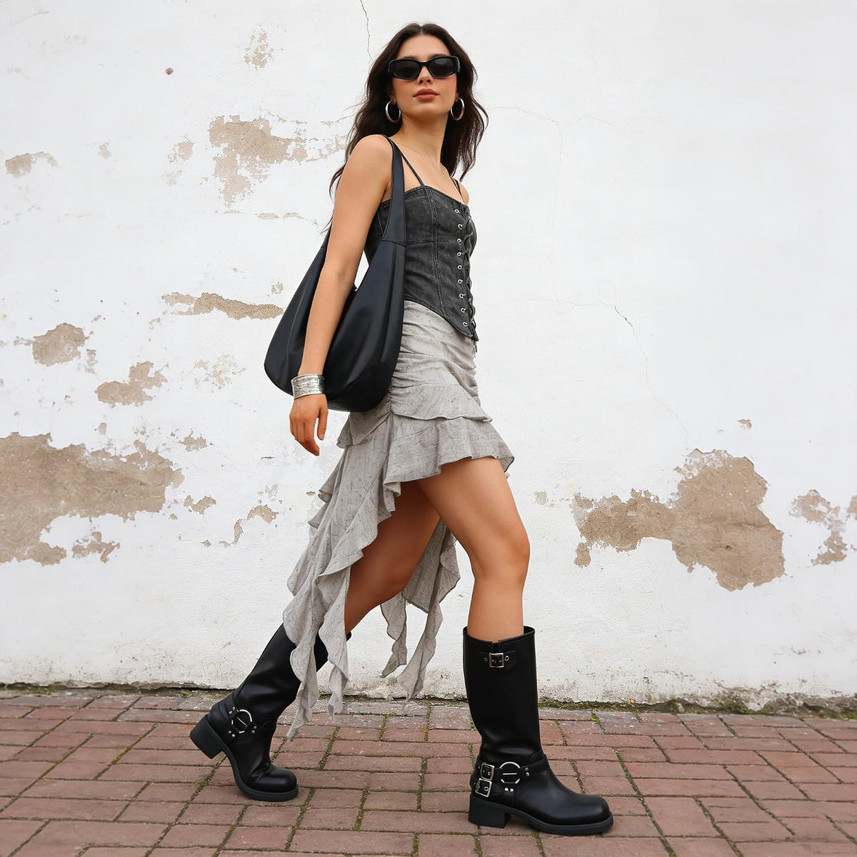 Women's Knee High Moto Boots with Buckles, Chunky Heel