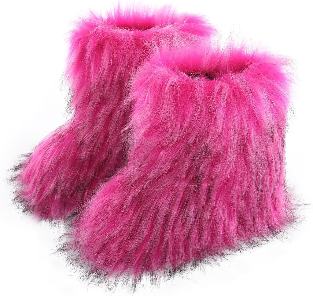 Women's Faux Fur Snow Boots – Fluffy Mid-Calf Flat Winter Boots
