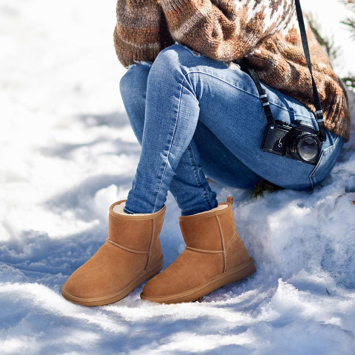 Women's Genuine Suede Mini Boots with Faux Fur Lining
