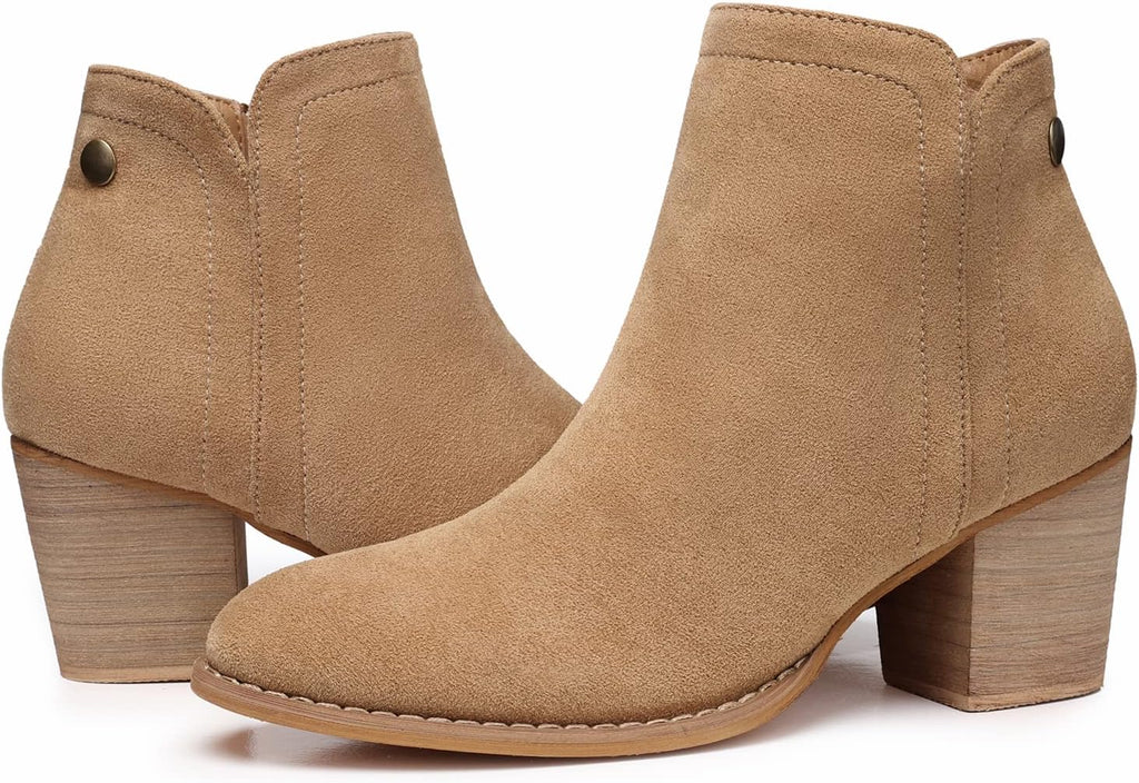 Women's Chunky Heel Ankle Boots, Almond Toe Suede-Look