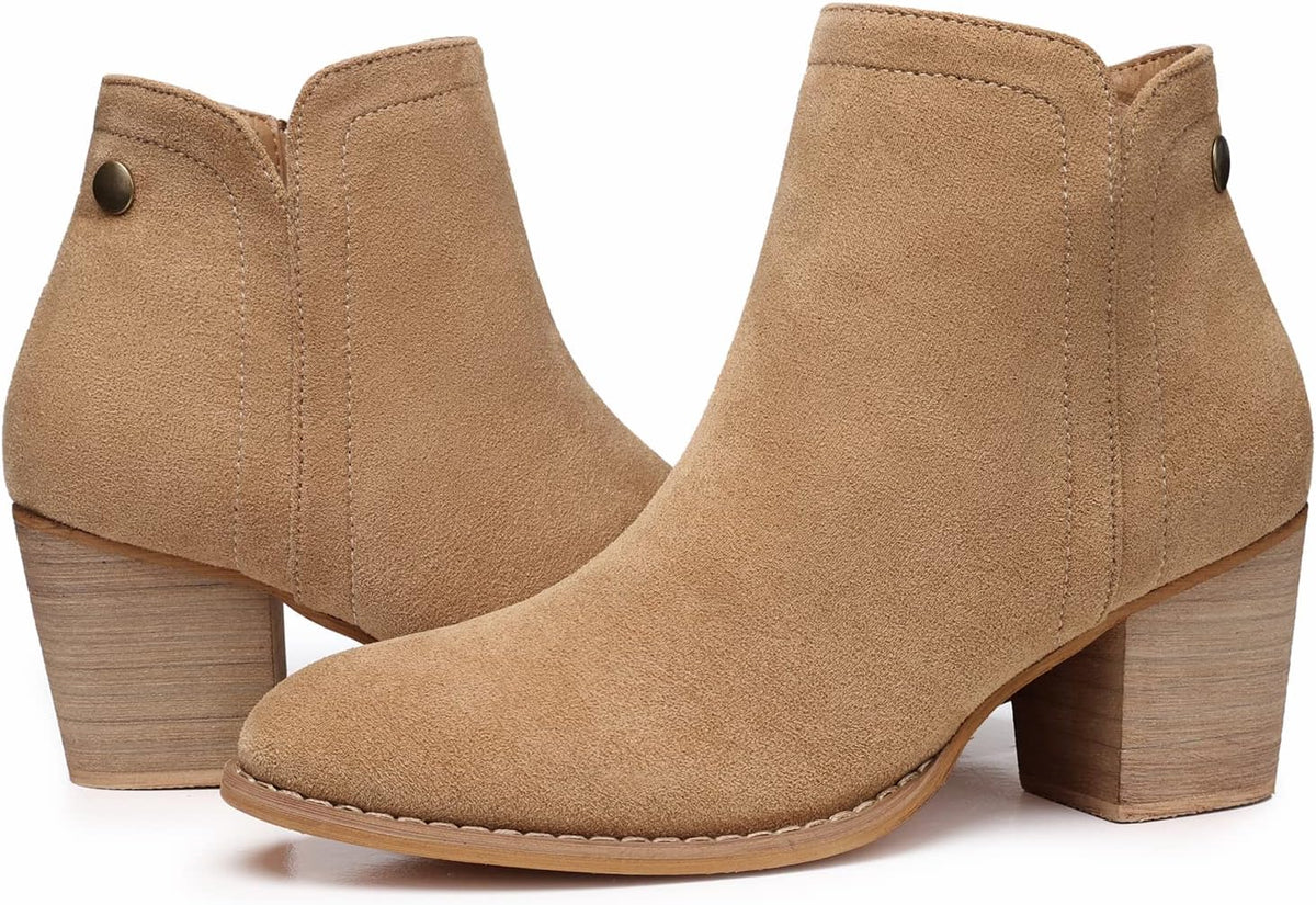 Women's Chunky Heel Ankle Boots, Almond Toe Suede-Look