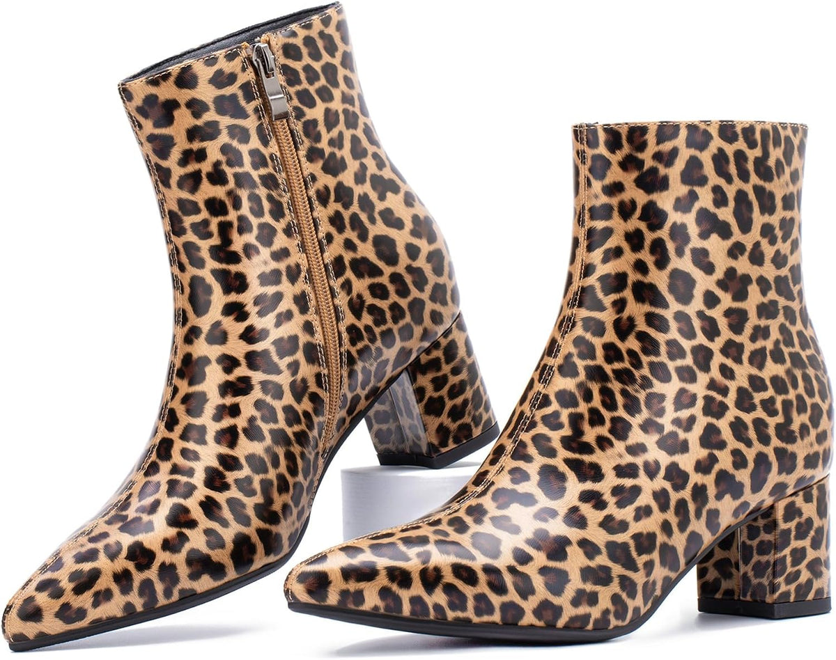 Women's Chunky Heel Ankle Boots, Pointed Toe Leather Booties