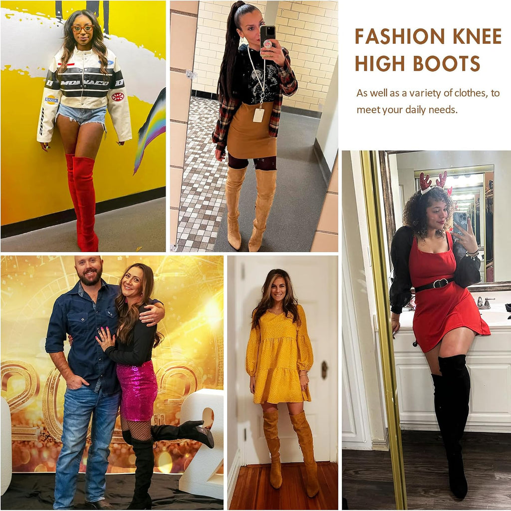 Women's Suede Thigh High Boots with 3.5" Block Heel