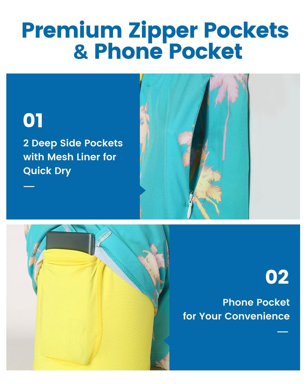 Mens Swim Trunks Compression Liner Quick Dry Zipper Pockets - VacationGrabs