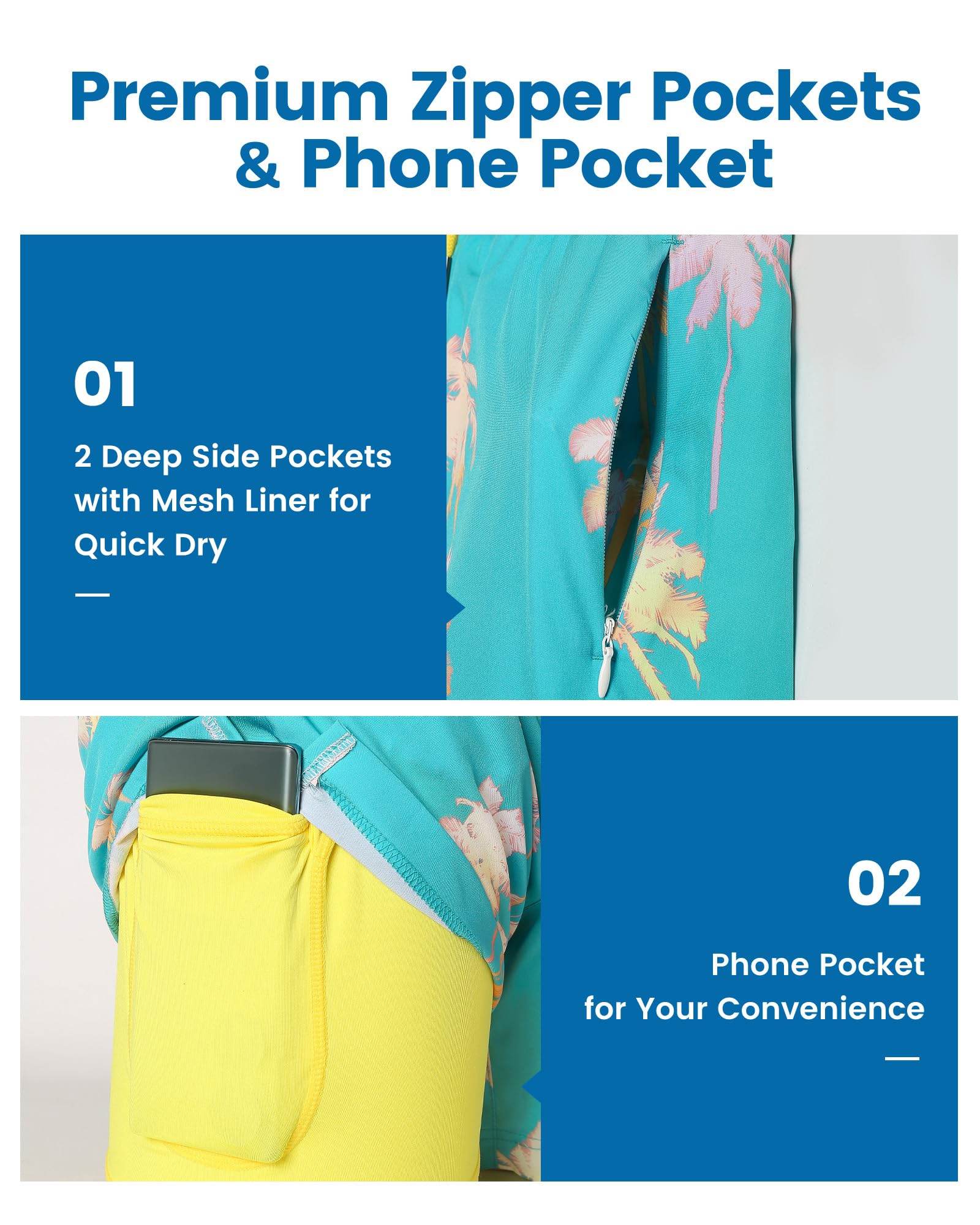 Mens Swim Trunks Compression Liner Quick Dry Zipper Pockets - VacationGrabs