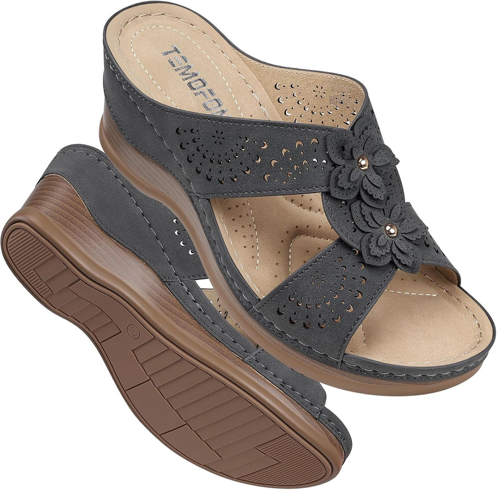 Women's Leather Low Wedge Sandals, Open Toe Slide