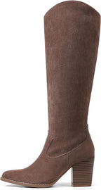 Women's Suede Knee High Boots with Block Heel & Side Zip