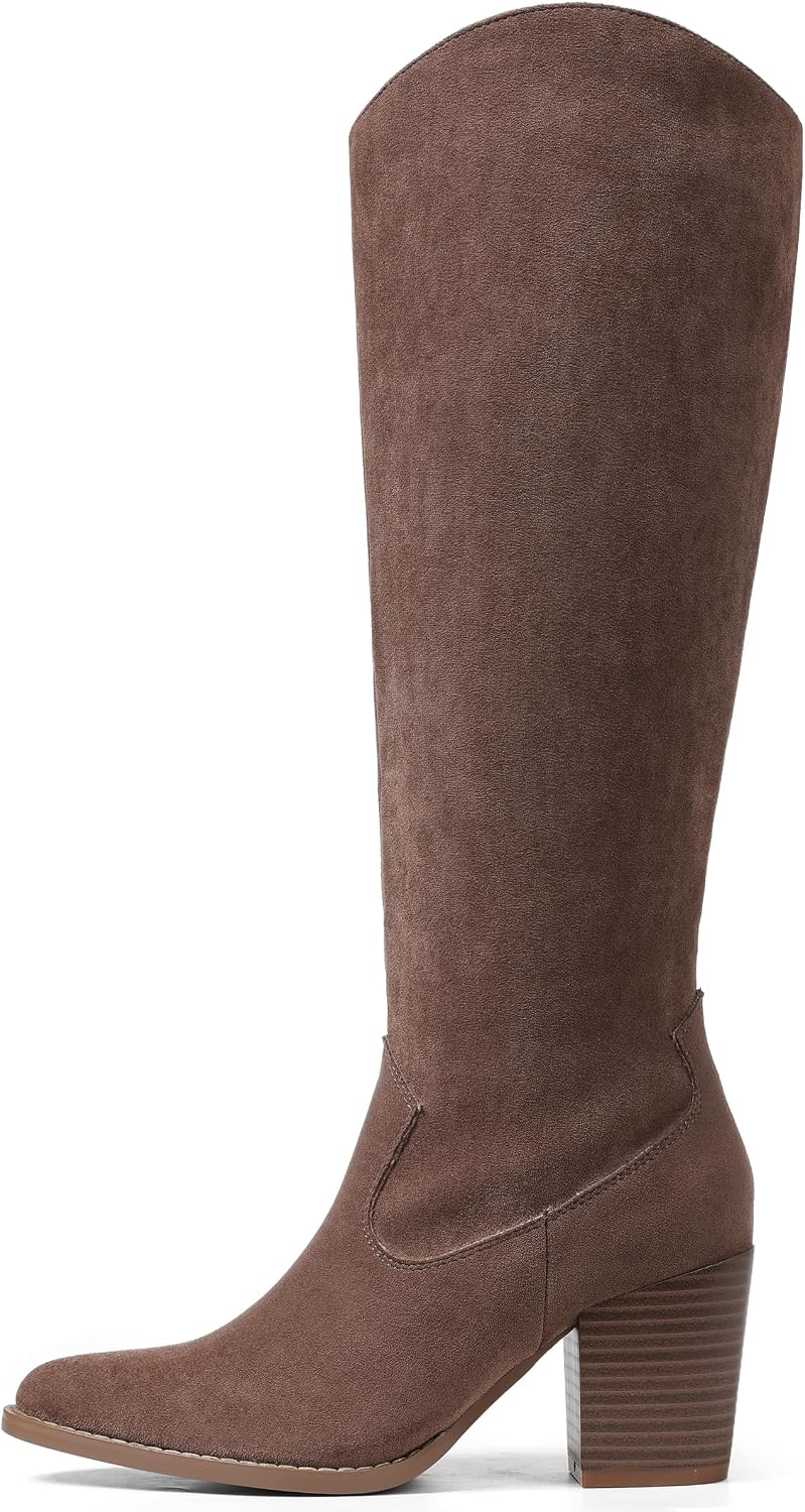 Women's Suede Knee High Boots with Block Heel & Side Zip
