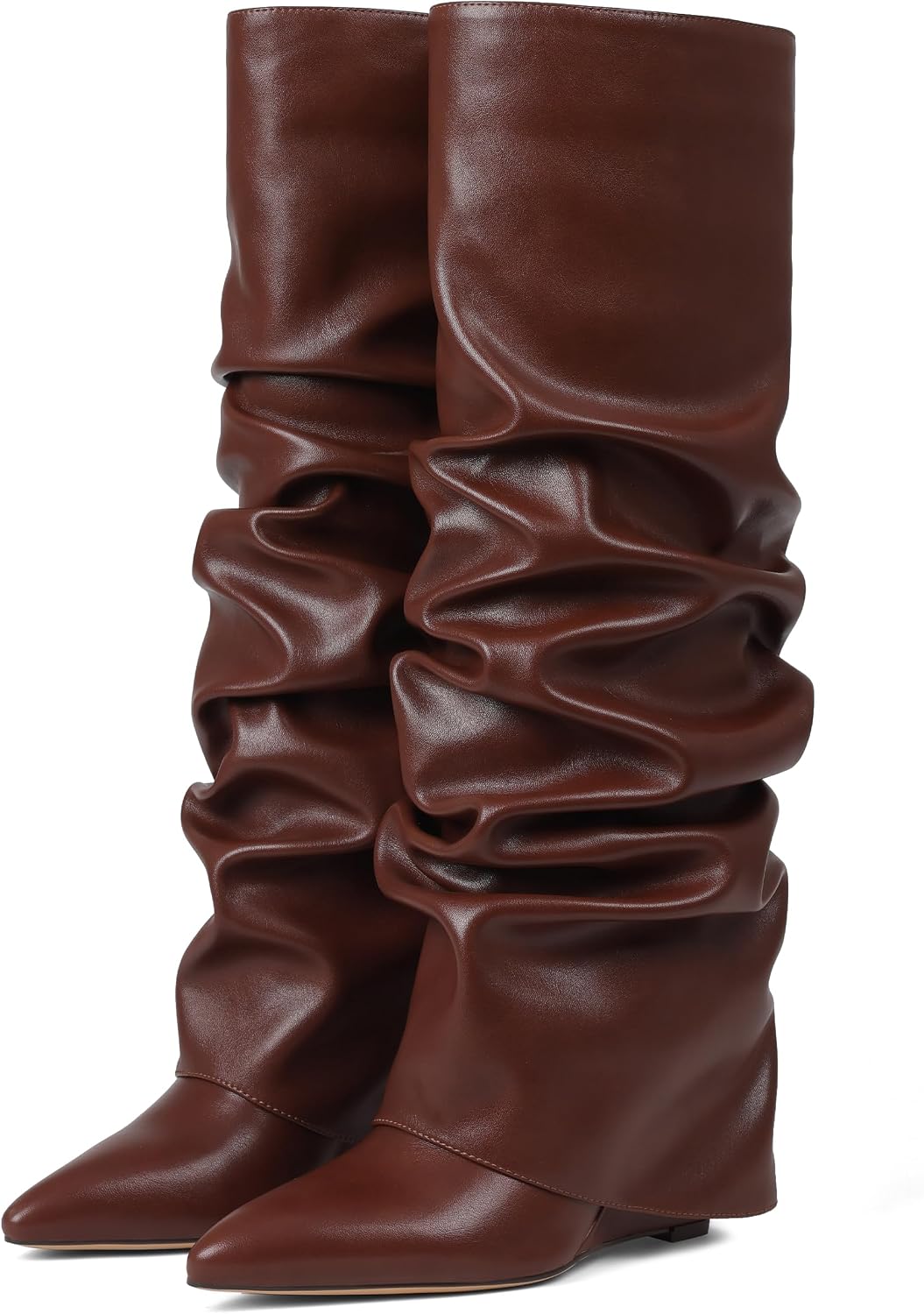 Women's Wedge Heel Fold Over Knee High Boots, Wide Calf