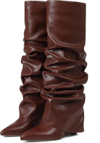 Women's Wedge Heel Fold Over Knee High Boots, Wide Calf