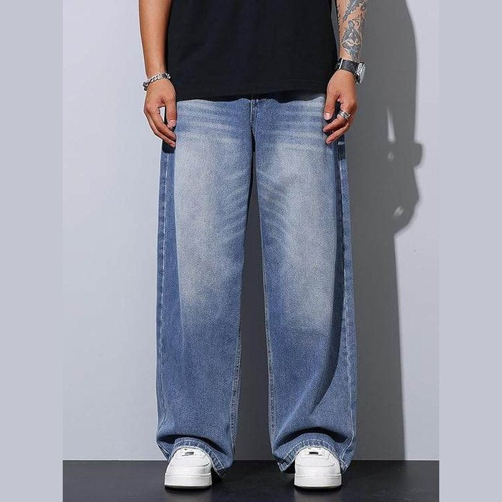 Men’s Medium Blue Baggy Wide-Leg Jeans Loose Fit Denim - VacationGrabs