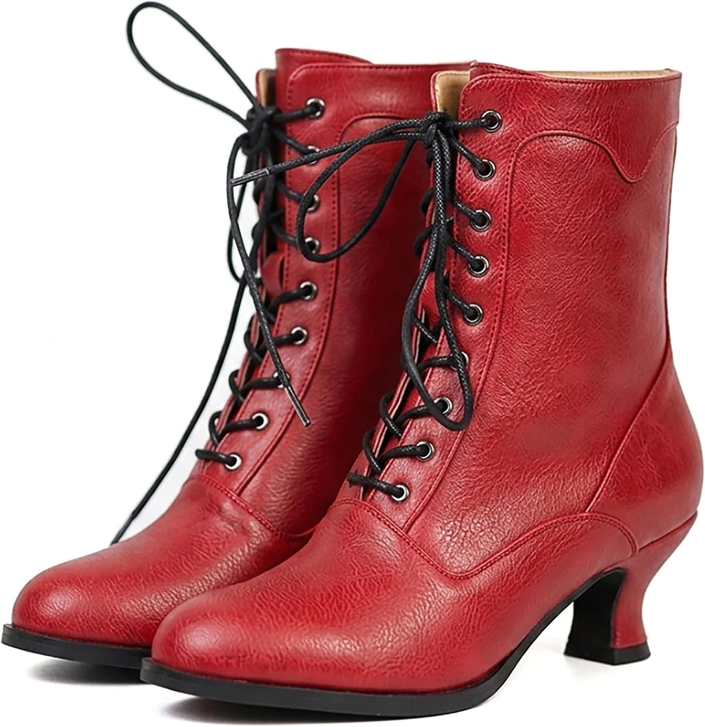 Women's Black Chunky Heel Lace-Up Mid Calf Victorian Boots