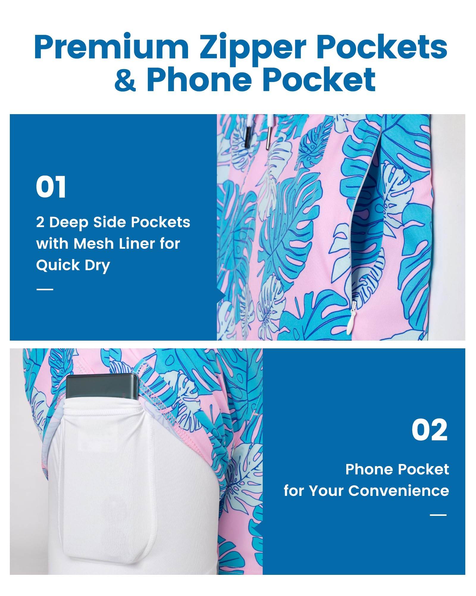 Mens Swim Trunks Compression Liner Quick Dry Zipper Pockets - VacationGrabs