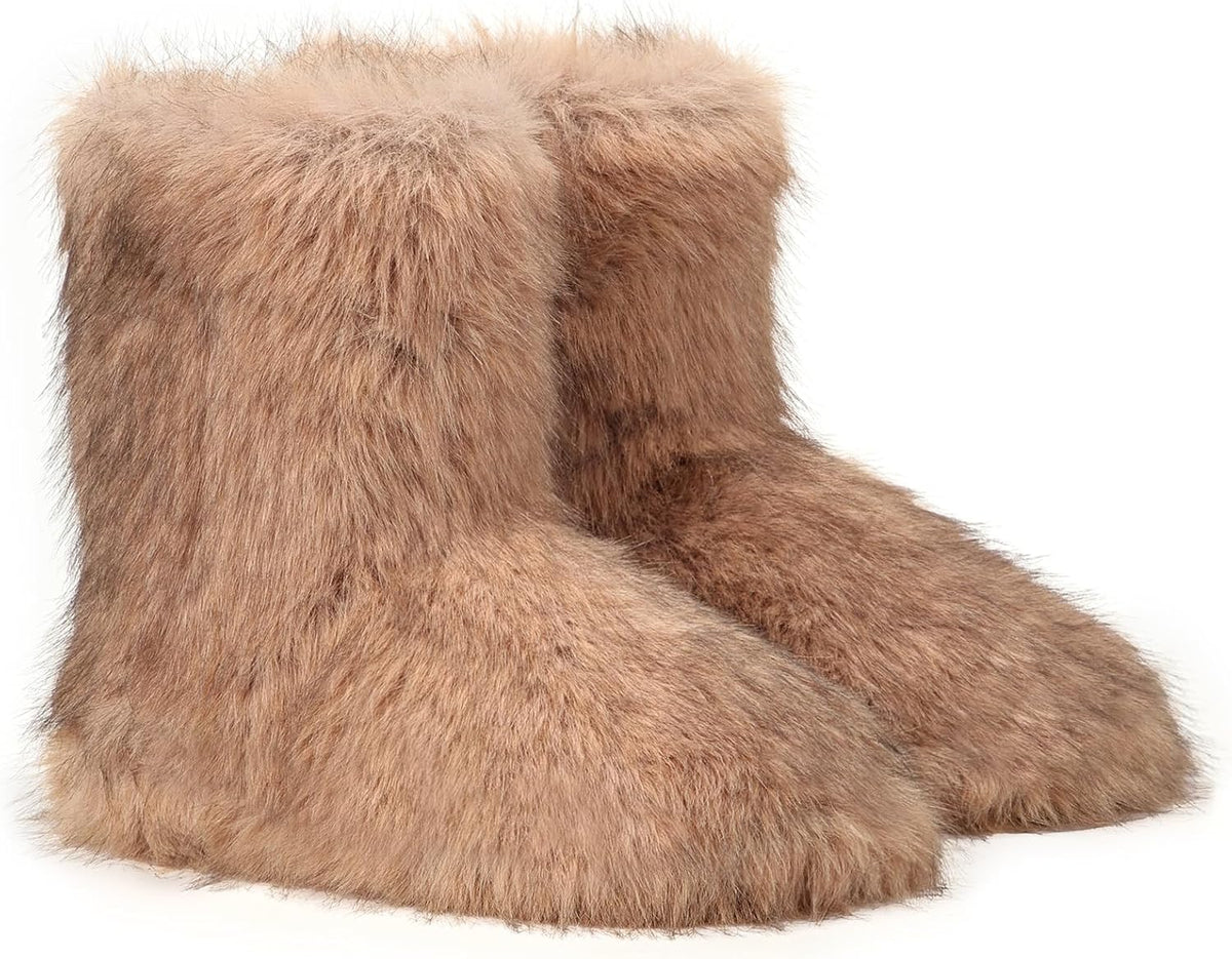 Women's Faux Fur Mid-Calf Snow Boots, Fuzzy Round Toe