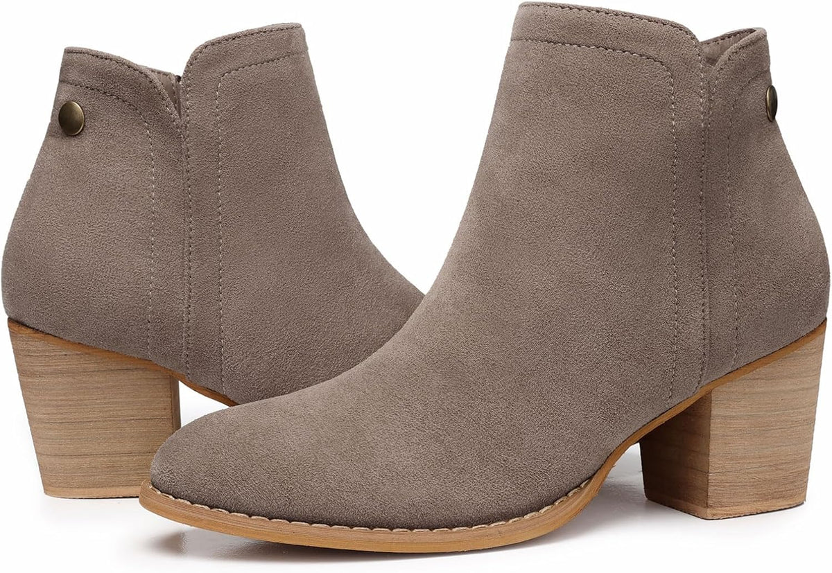 Women's Chunky Heel Ankle Boots, Almond Toe Suede-Look