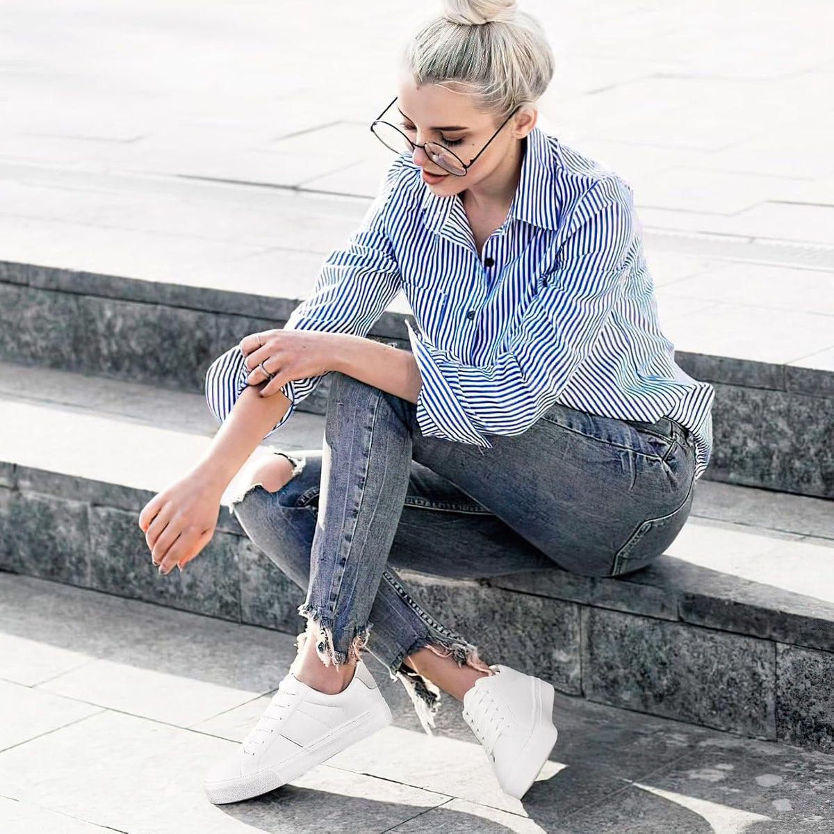 Women's White Low Top Sneakers, PU Leather Lace-Up Shoes