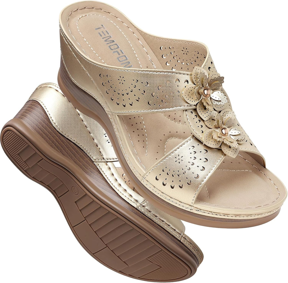 Women's Leather Low Wedge Sandals, Open Toe Slide