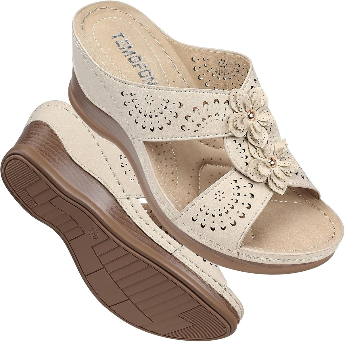 Women's Leather Low Wedge Sandals, Open Toe Slide