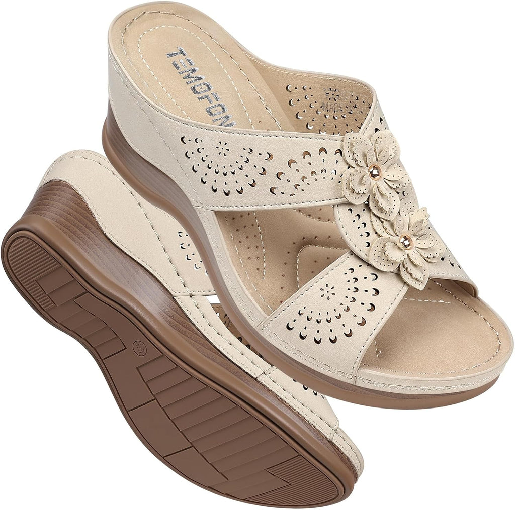 Women's Leather Low Wedge Sandals, Open Toe Slide