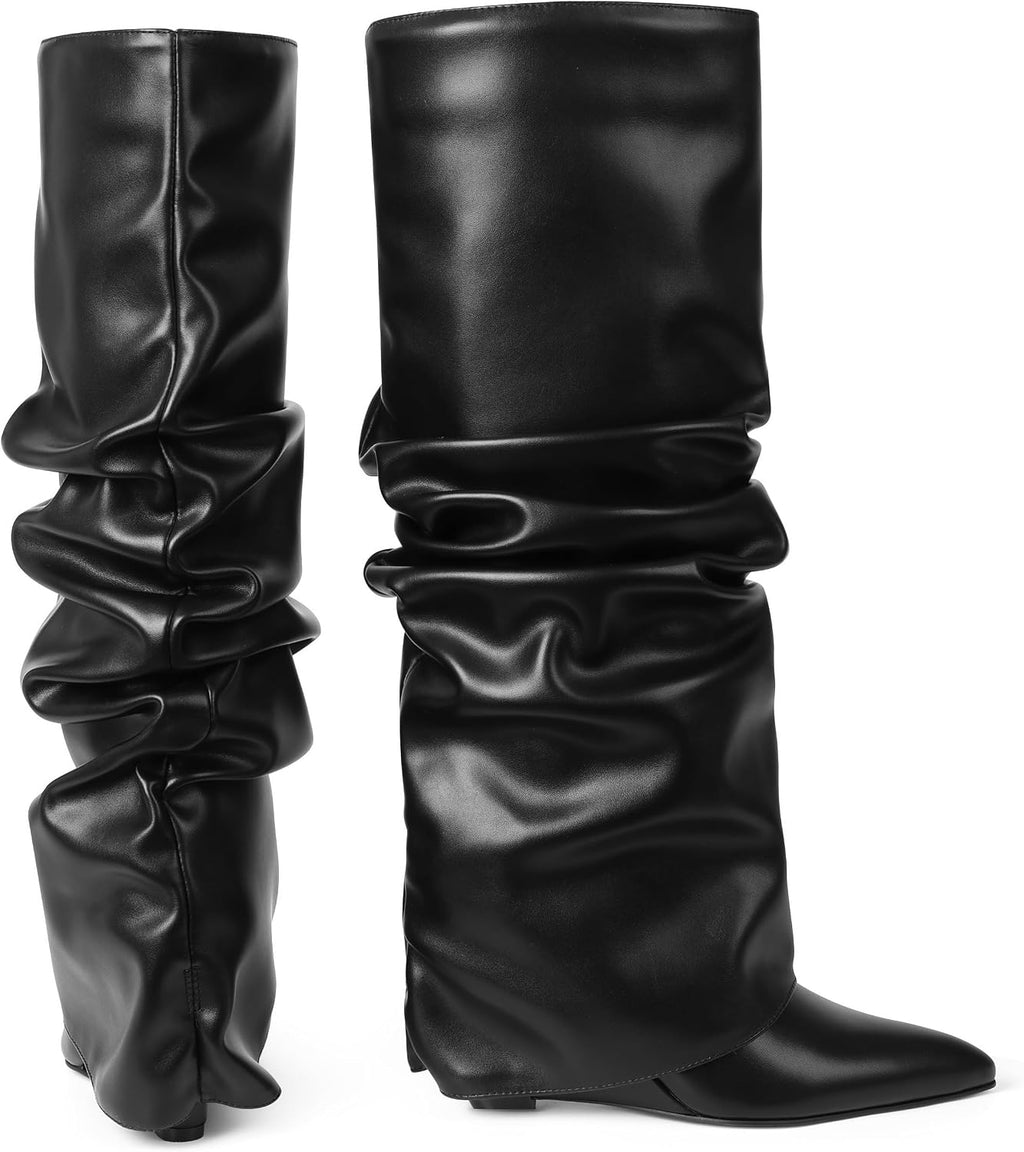 Women's Wedge Heel Fold Over Knee High Boots, Wide Calf