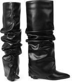 Women's Wedge Heel Fold Over Knee High Boots, Wide Calf